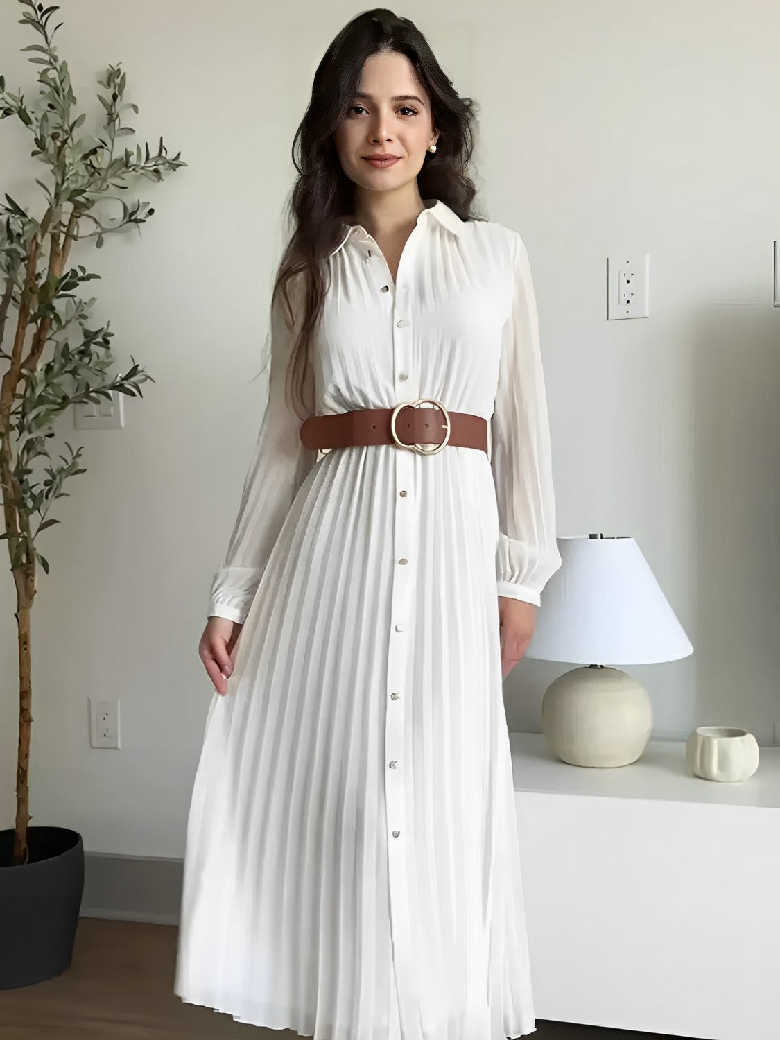 Vestido Feminino Chemise Midi Plissado com Botões - Fleur