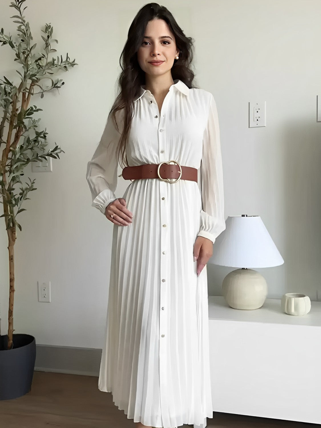 Vestido Feminino Chemise Midi Plissado com Botões - Fleur