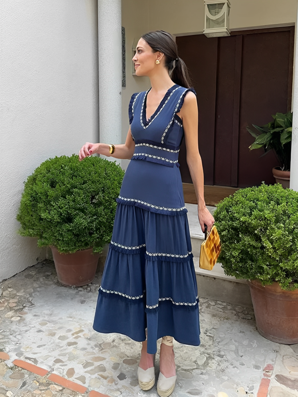 Vestido Feminino Boho Midi com Babados e Decote em V - Amara