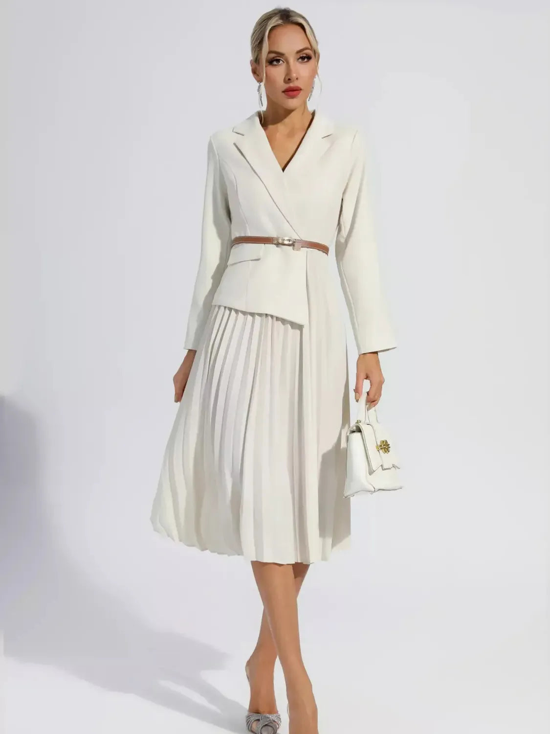 Vestido Feminino Alfaiataria Blazer com Saia Plissada e Cinto - Hana