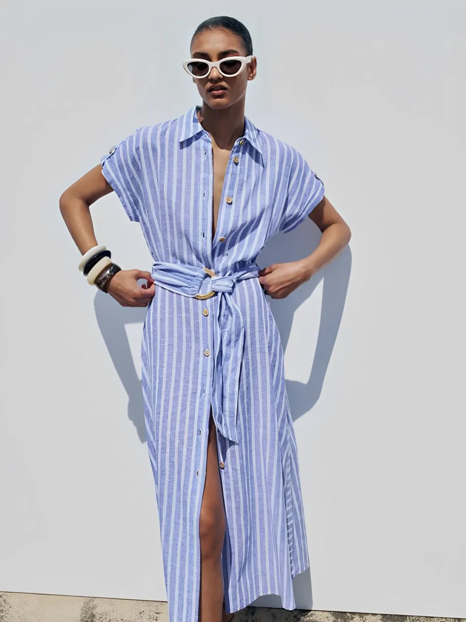 Vestido Feminino Chemise Midi em Linho com Abertura Frontal de Botões - Jessie